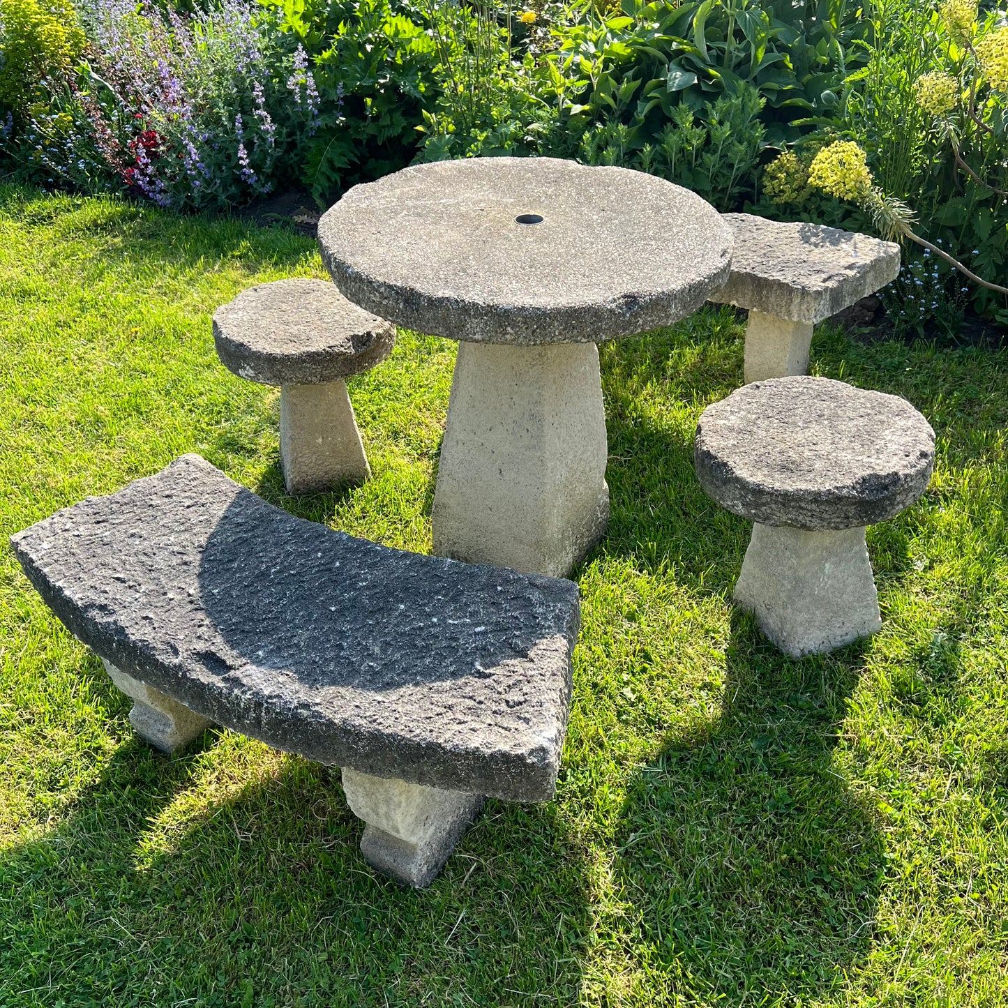 Vintage Composite Stone Garden Table, Bench & Stool Dining Set