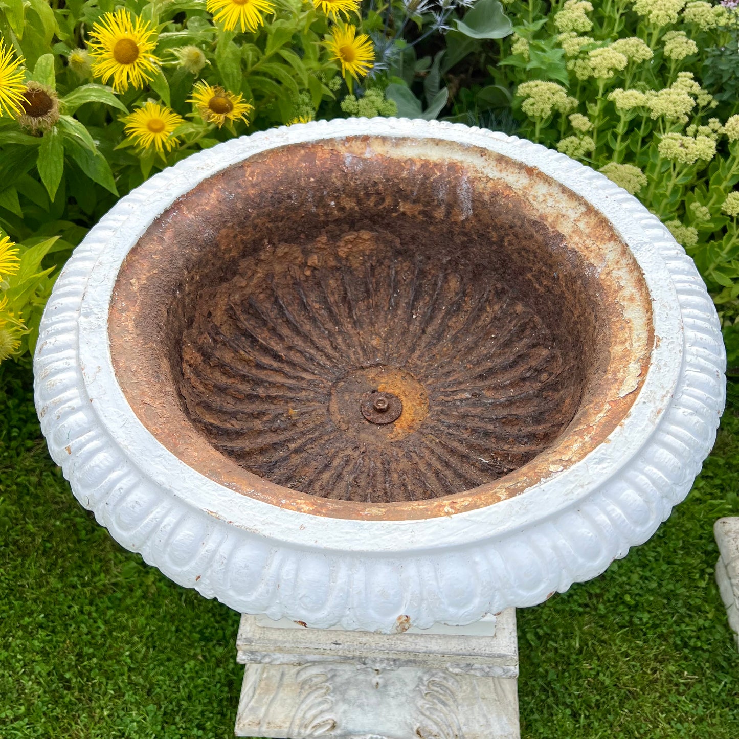 Pair of English Victorian Cast Iron Garden Urns on Ornamented Bases