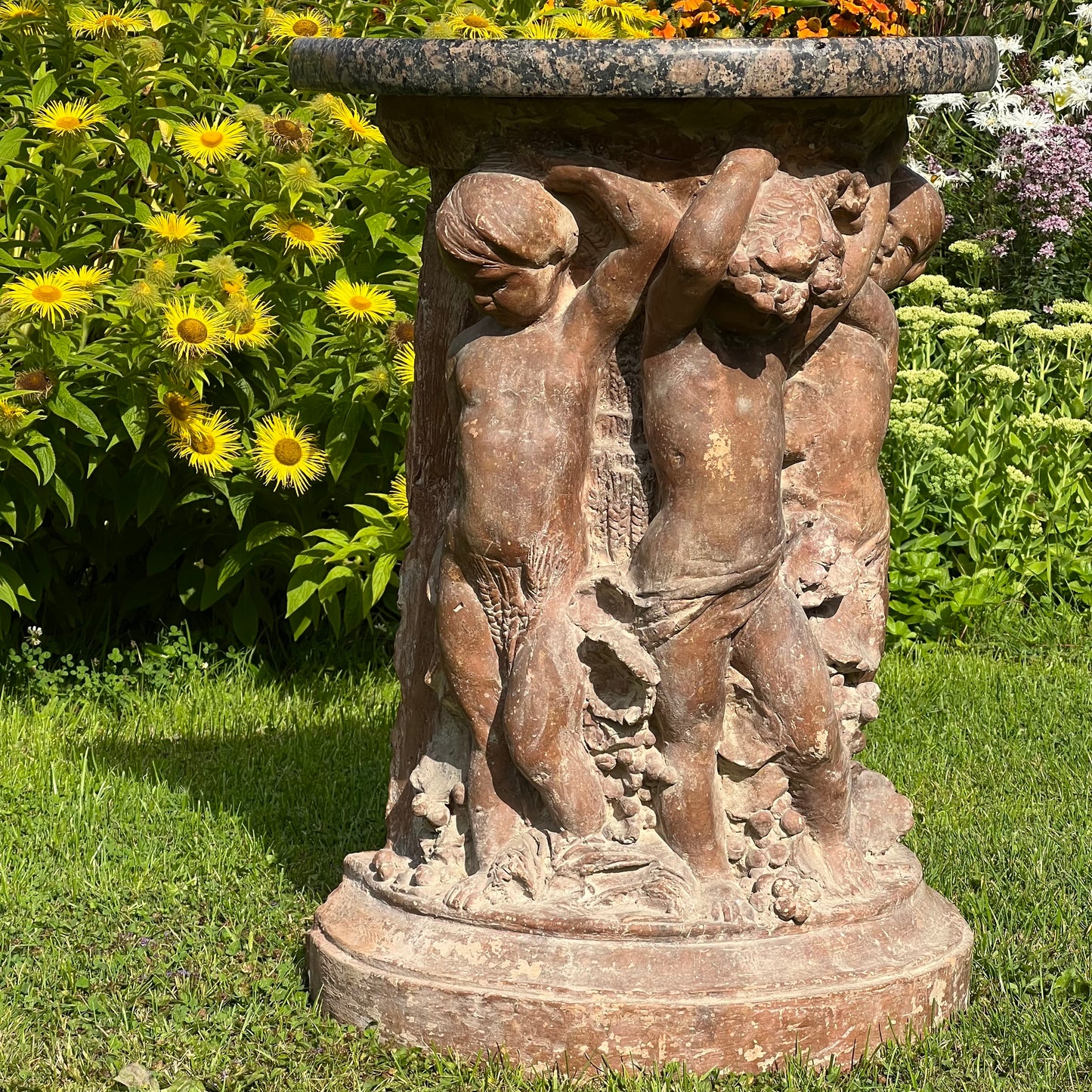 18th Century French Terracotta Putti Demi-Lune Table with Marble Top