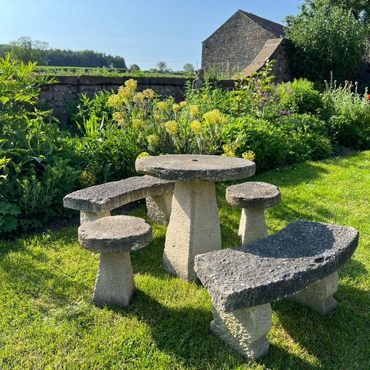 Vintage Composite Stone Garden Table, Bench & Stool Dining Set