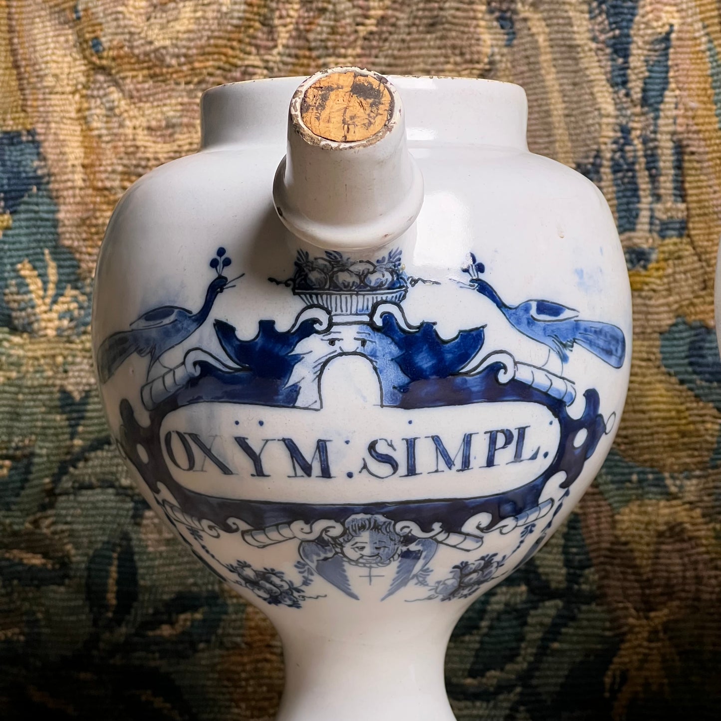 Pair of Dutch Delft Apothecary Syrup Jars, “Oxym. Simpl.” & “S. Rhei”, Mid-18th century (c.1730–1760)