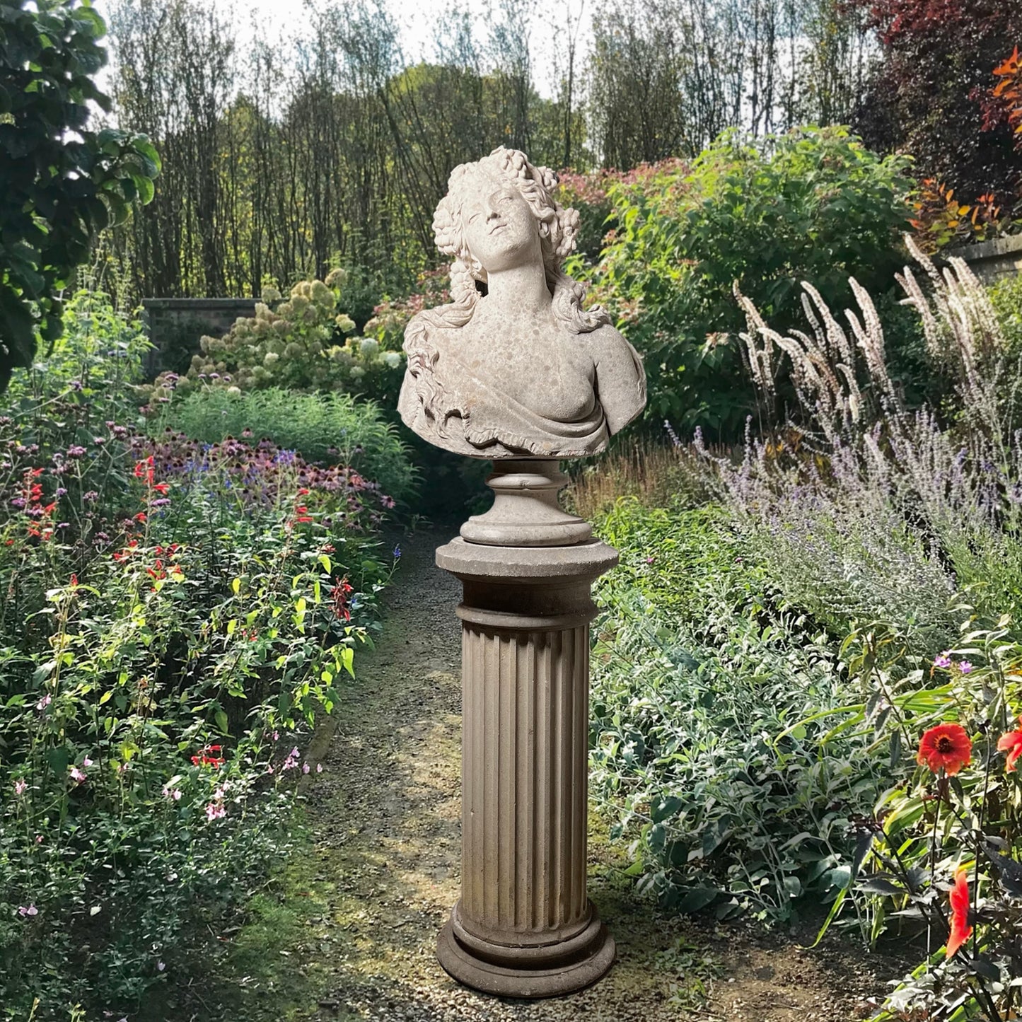 English Composite Stone Bust of Flora with Fluted Pedestal, Late 20th Century