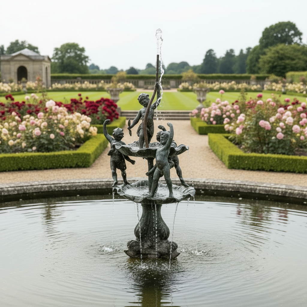 English Lead Garden Fountain with Cherub Figures, c.1920