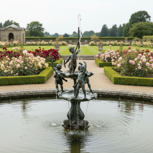 English Lead Garden Fountain with Cherub Figures, c.1920