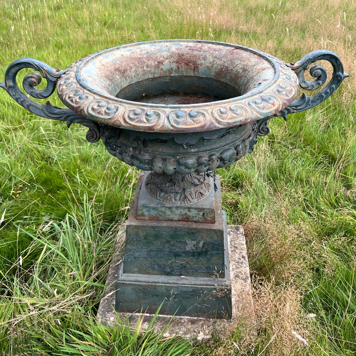 Pair of English Cast Iron Garden Urns with Plinths c.1870