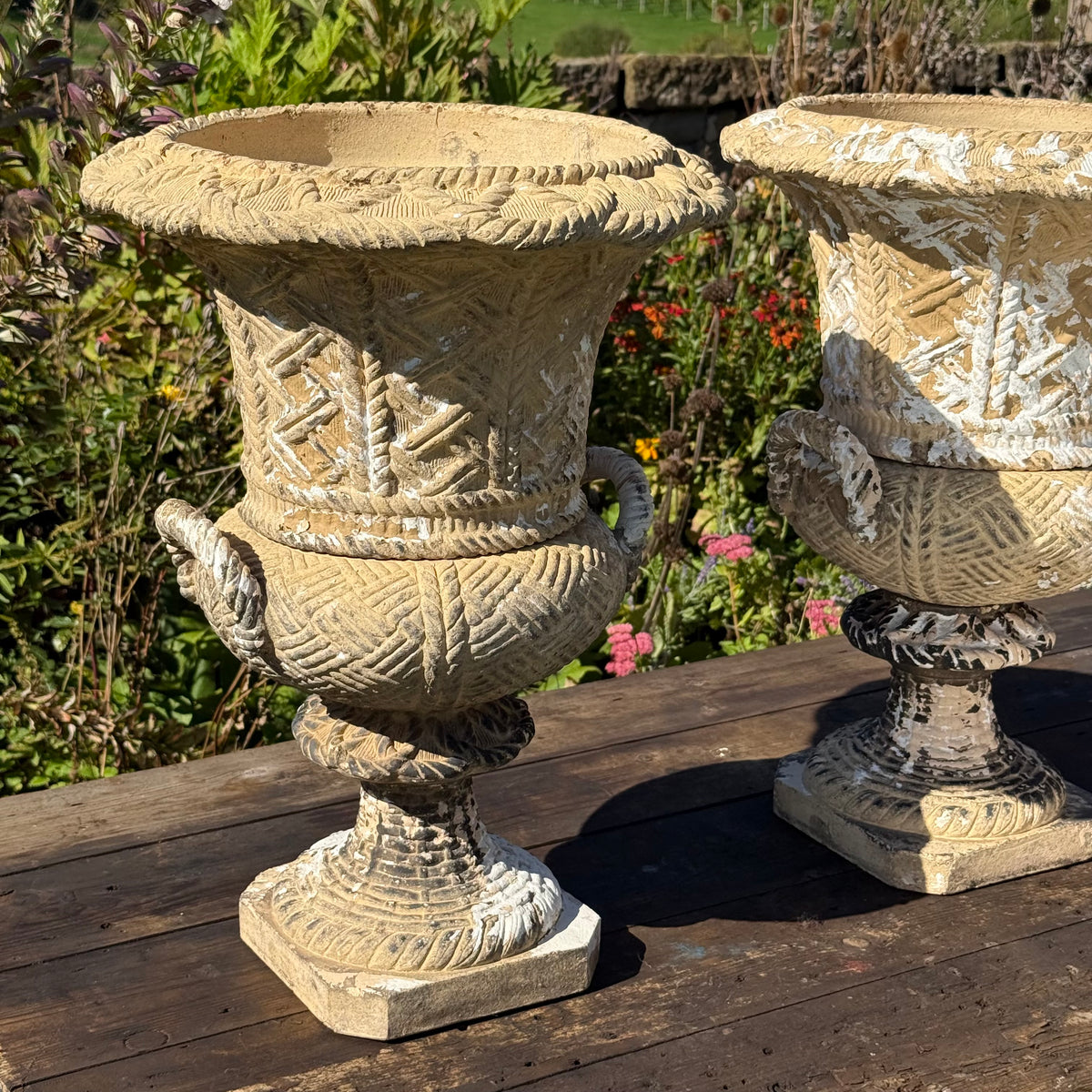 A Set of Four English Buff Terracotta Basket-Weave Garden Urns, c.1860–1880