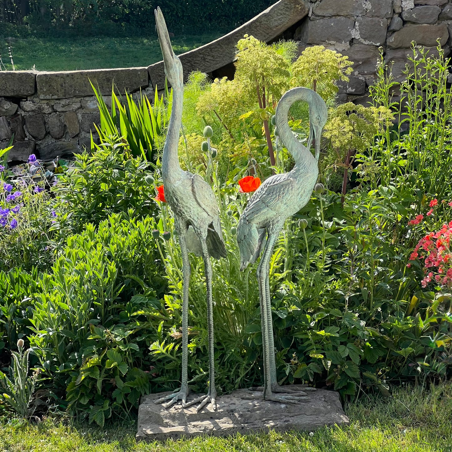 Pair of Meiji Style Bronze Garden Cranes with Fountain Spouts Mid 20th Century