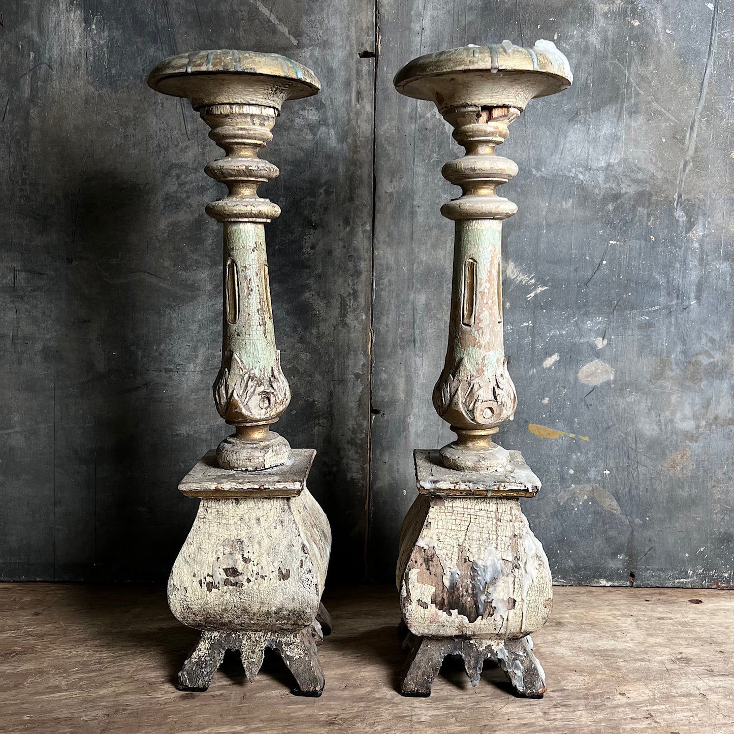 Pair of Swedish Painted Wooden Candlesticks c.1870