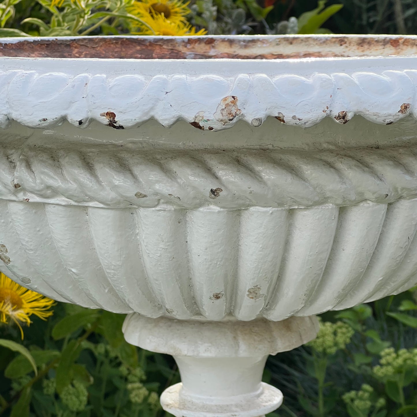 Pair of English Victorian Cast Iron Garden Urns on Ornamented Bases