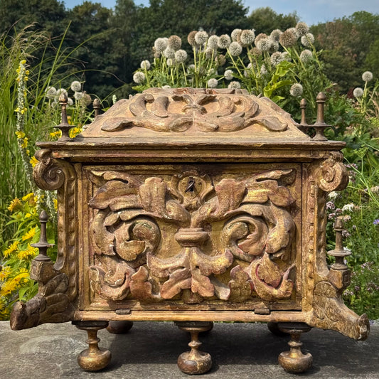 17th Century Italian Baroque Carved, Gilt & Polychrome Sarcophagus Form Reliquary Casket