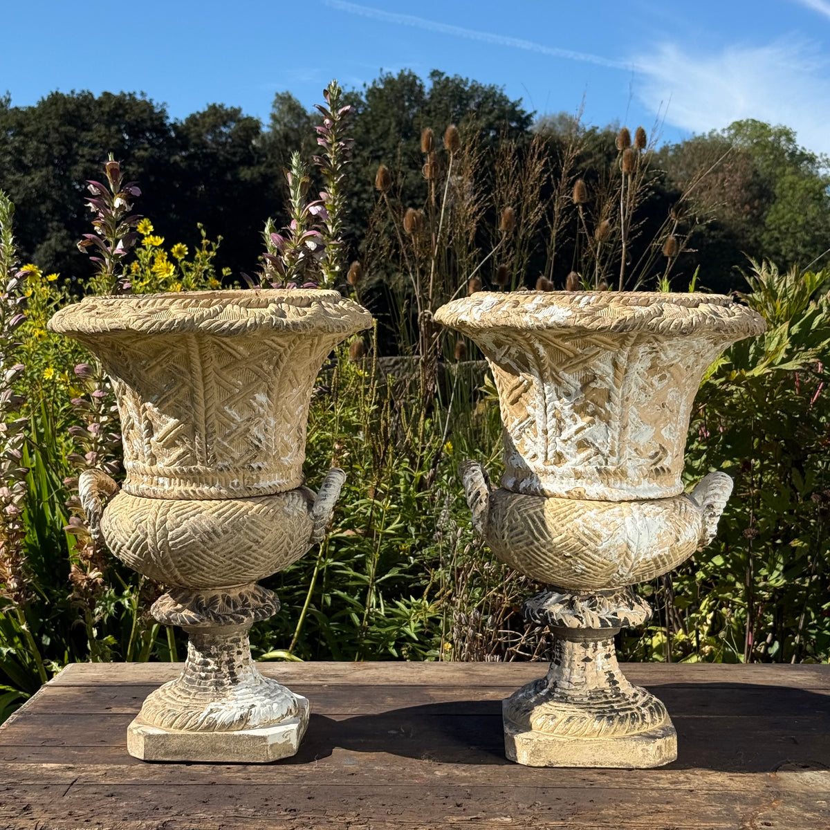 A Set of Four English Buff Terracotta Basket-Weave Garden Urns, c.1860–1880