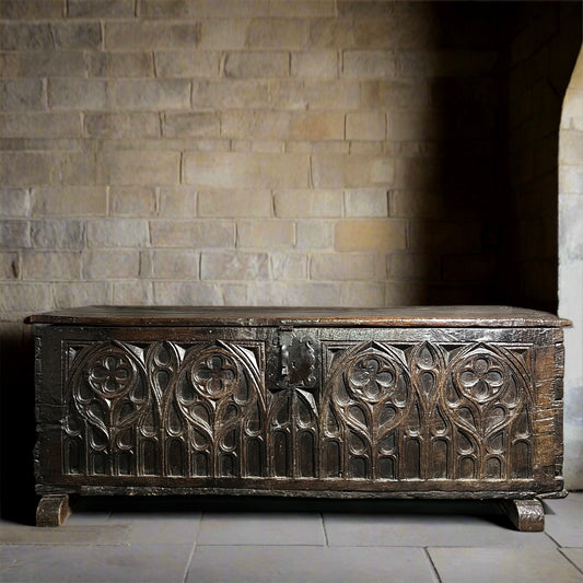 Remarkable English Oak Gothic Coffer c.1480