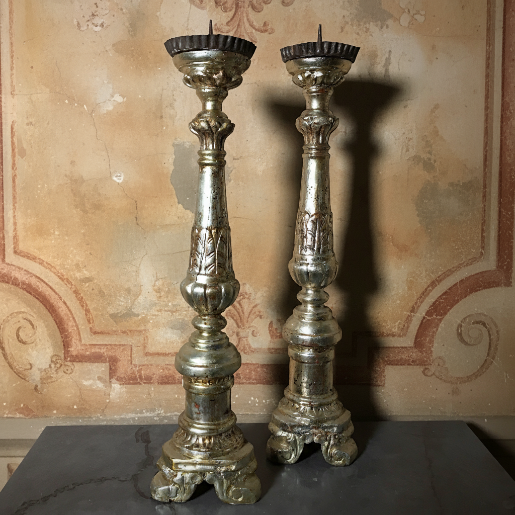 Pair of Italian Silver-Leaf Mecca Altar Pricket Candlesticks c.1750