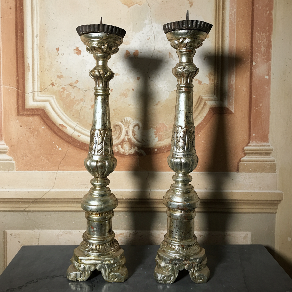 Pair of Italian Silver-Leaf Mecca Altar Pricket Candlesticks c.1750