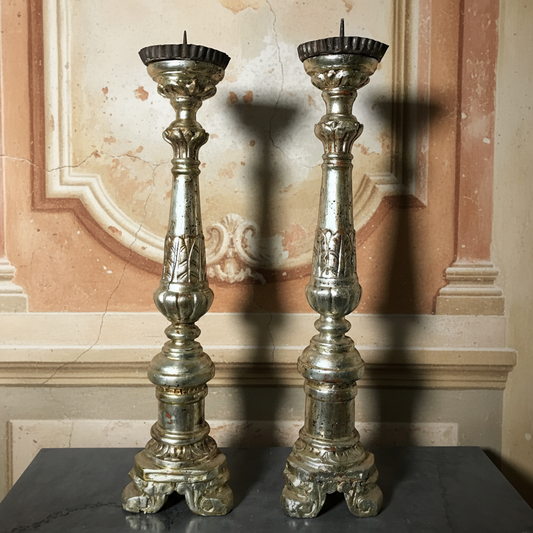 Pair of Italian Silver-Leaf Mecca Altar Pricket Candlesticks c.1750