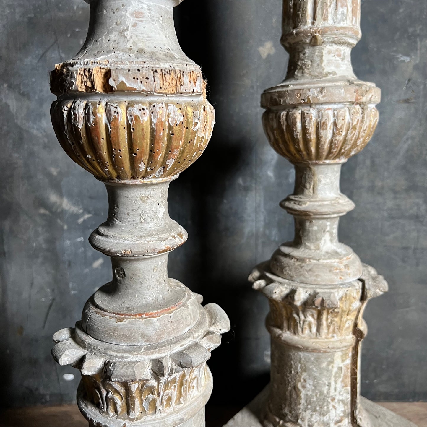 Pair of Tall Carved Painted Italian Altar Candlesticks Late 17th/Early 18th Century