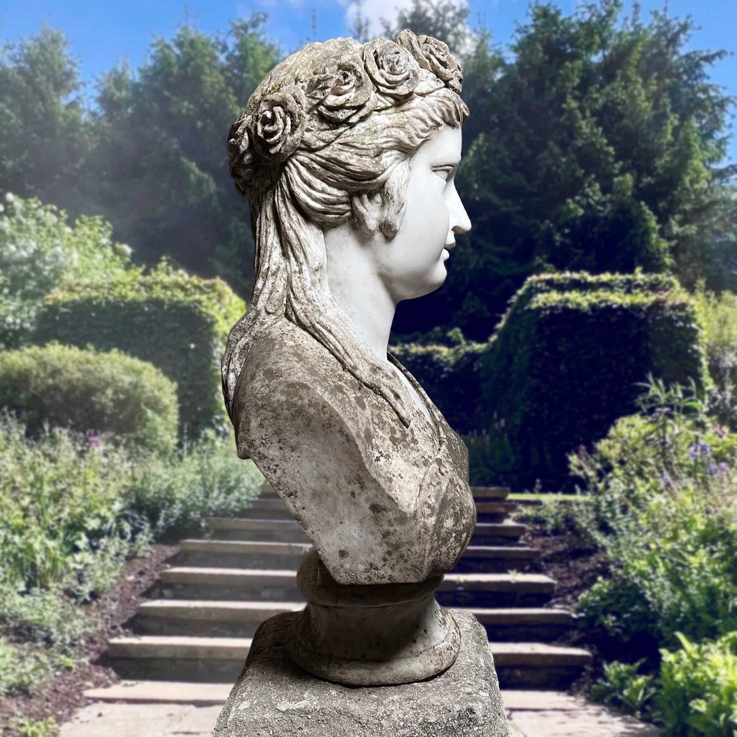 Carrara Marble Bust of Flora on Plinth Late 20th Century