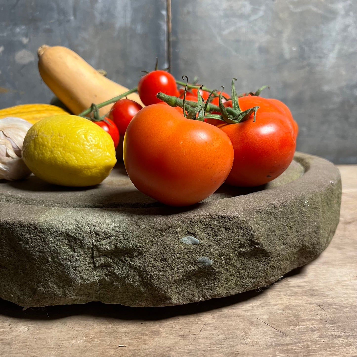 Primitive Carved Stone Cheese Press as Platter c.1880 or earlier