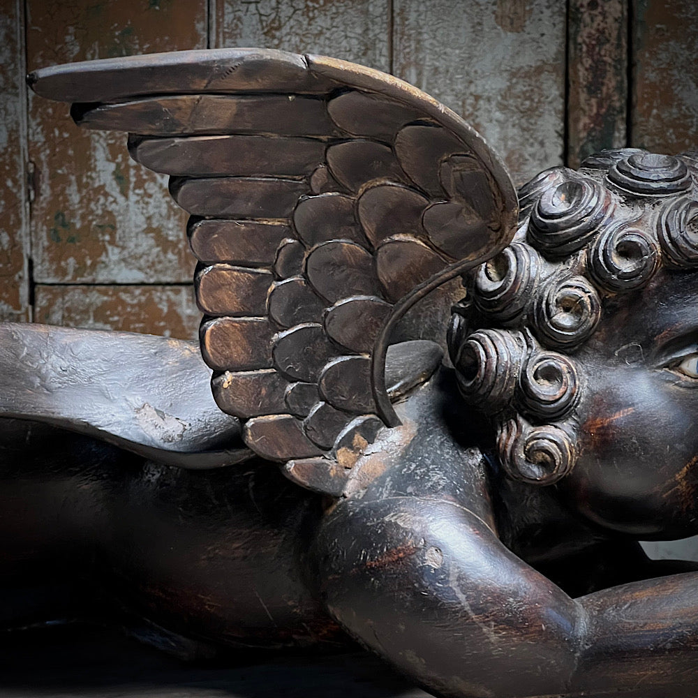 A Huge Pair of Heralding Horn-blowing Angels c.18th Century.