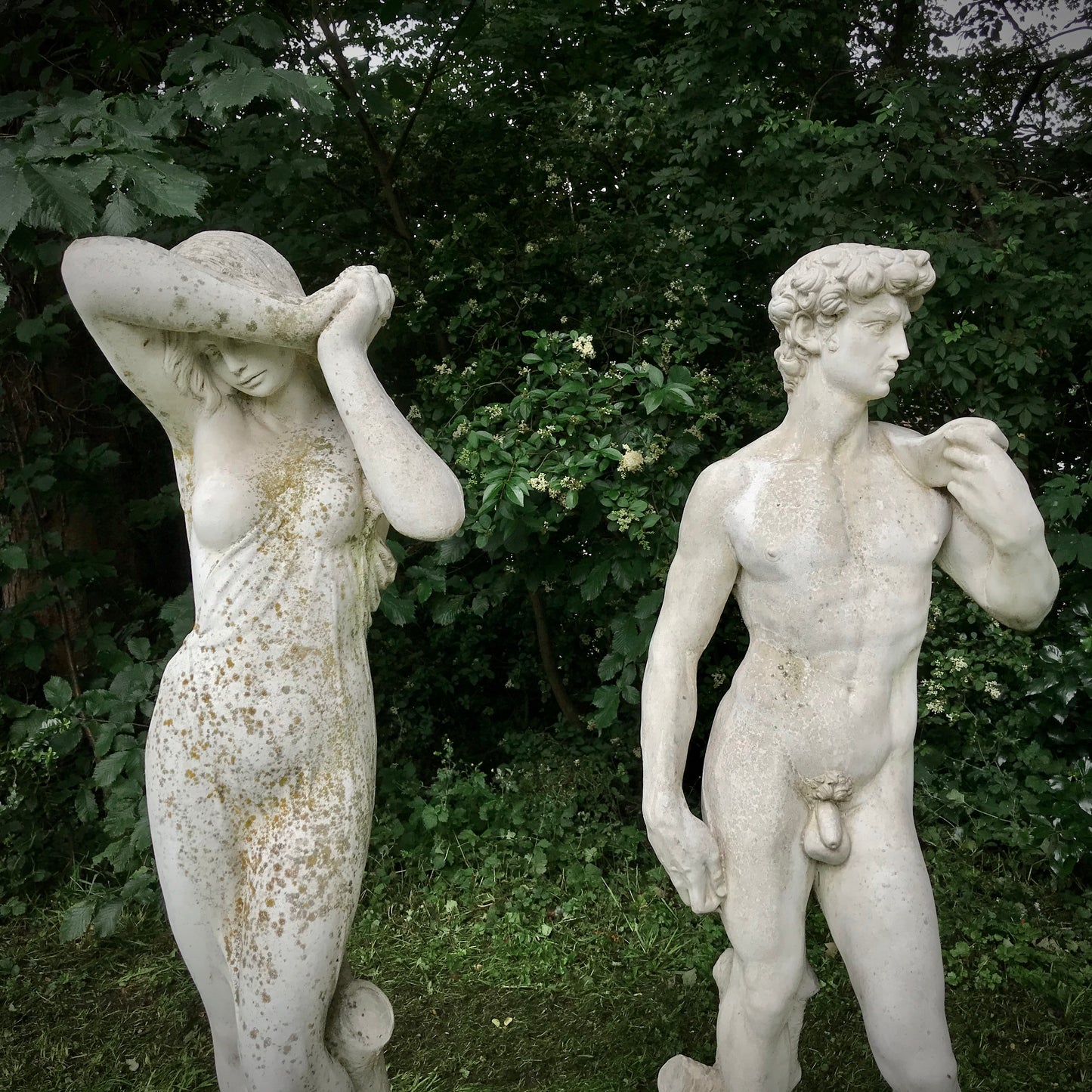 David and Shy Maiden Statue Pair on Columns