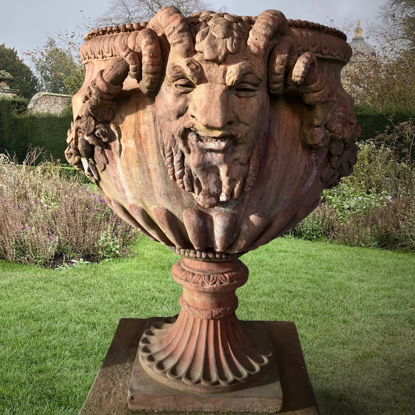 Terracotta Composite Satyr Urn and Plinth