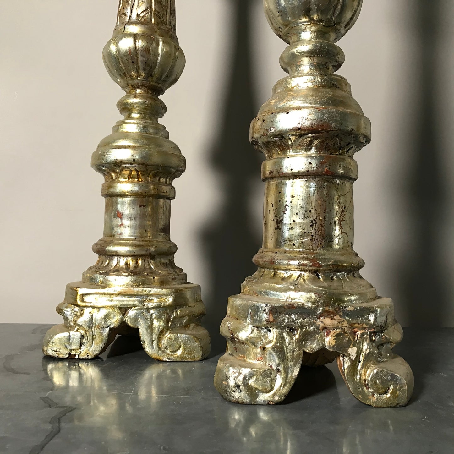 Pair of Early Silver Gilt Italian Candlesticks