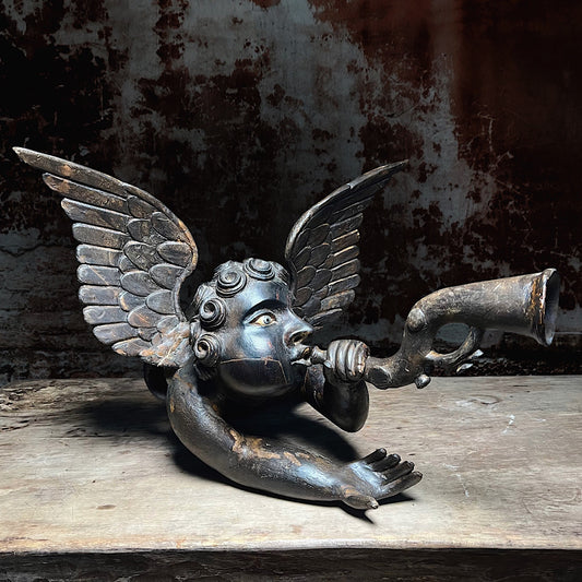 A Huge Pair of Heralding Horn-blowing Angels c.18th Century.