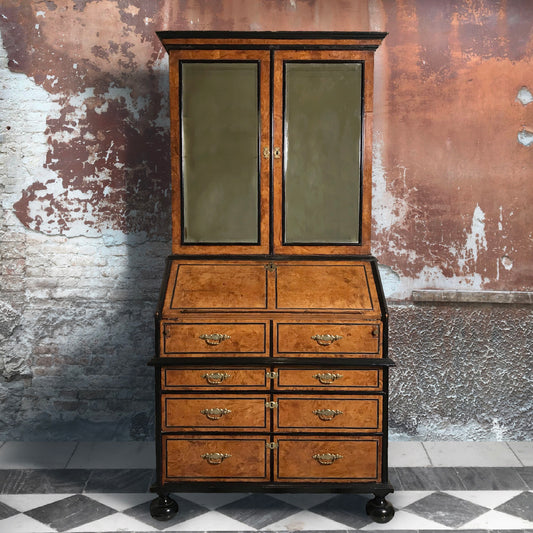 Rare Burr Satin-Birch Bureau Bookcase with Pewter Inlay c.1750