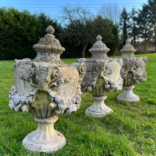 Set of Three Rams Head Urns with Swags