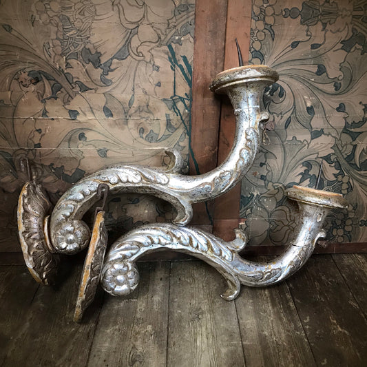 Pair of Italian Silver Leaf Pricket Wall Sconces c.1750