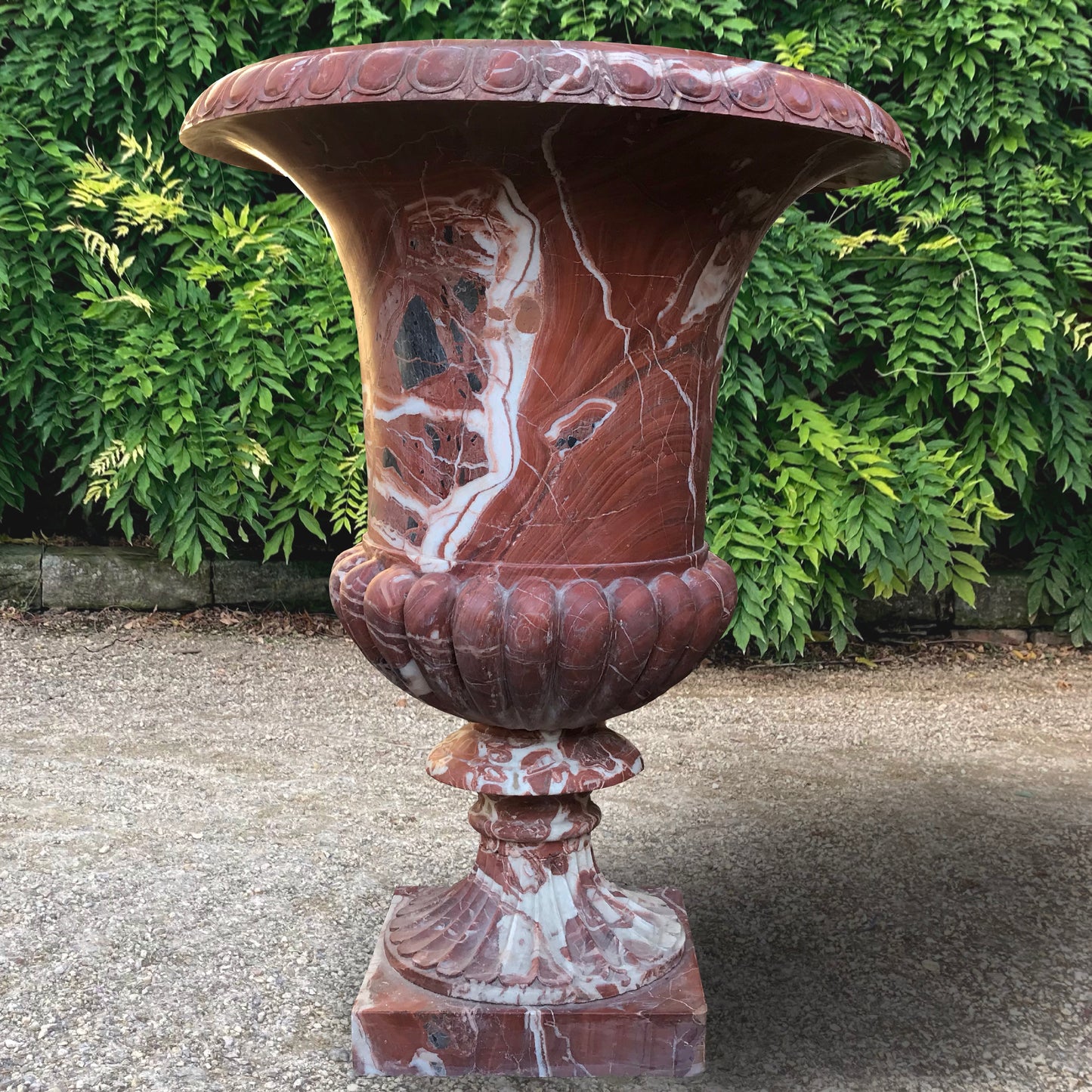 Monumental Italian Rosso Marble Campana Urns with Plinths