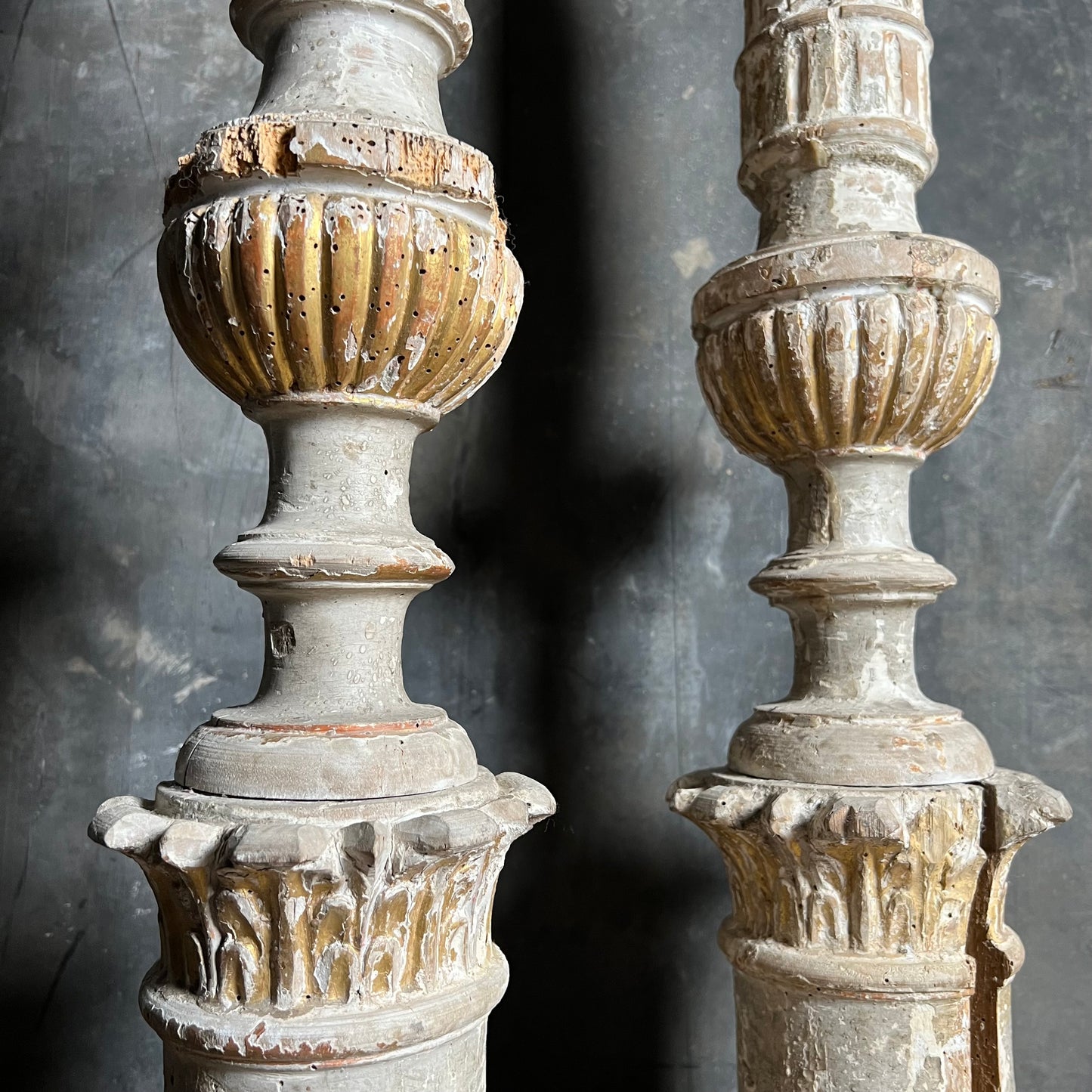 Pair of Tall Carved Painted Italian Altar Candlesticks Late 17th/Early 18th Century