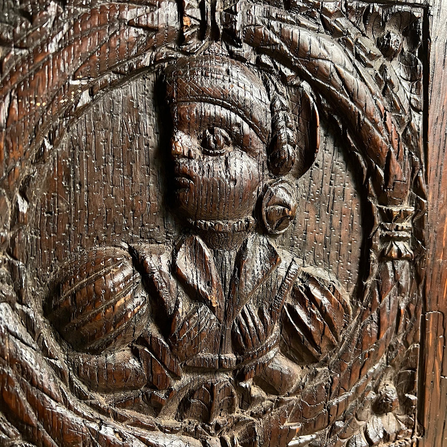 Carved Oak Slab Panel with Romayne Portrait c.1550