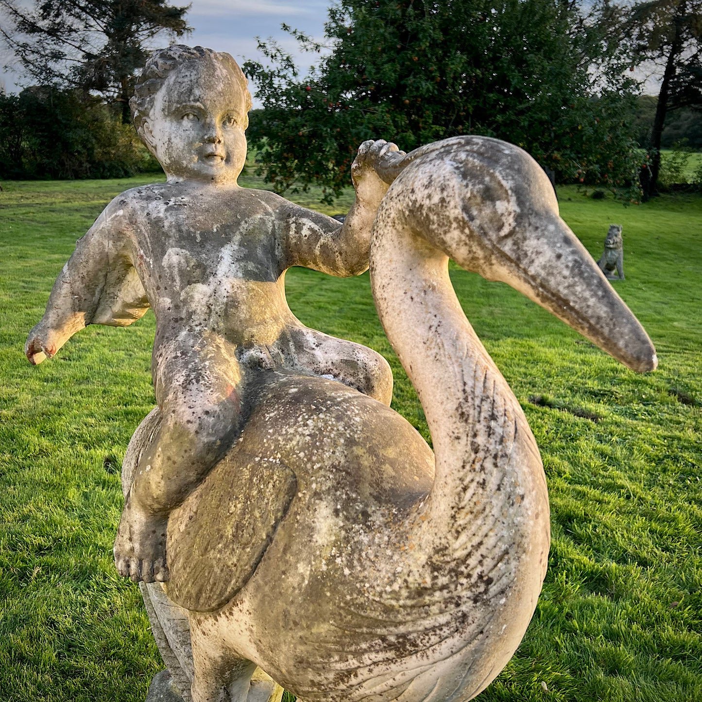 Large Marble Winged Cupid & Stork Statue Mid 20th Century