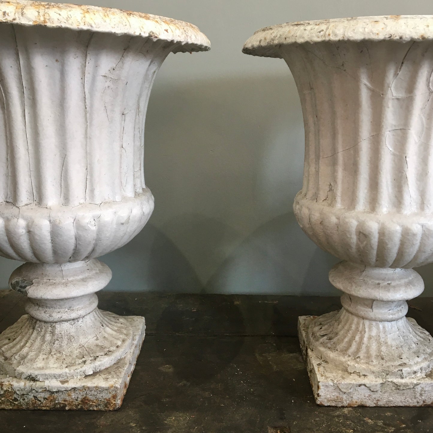 Pair of Victorian Cast Iron Fluted Urns