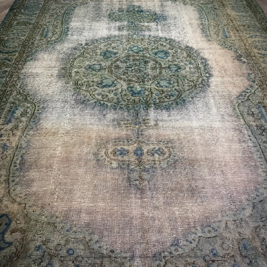 Antique Artisan Re-Worked Turkish Carpet Faded Turquoise