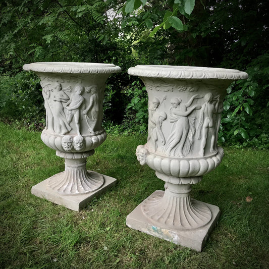 Large Pair of “Medici” Classical Urns in Composition Marble De Latte