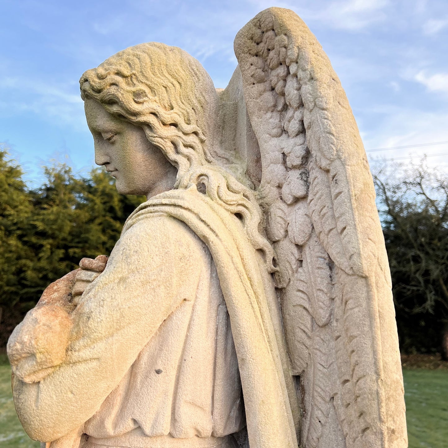 French Limestone Carved Angel Late 19th Century