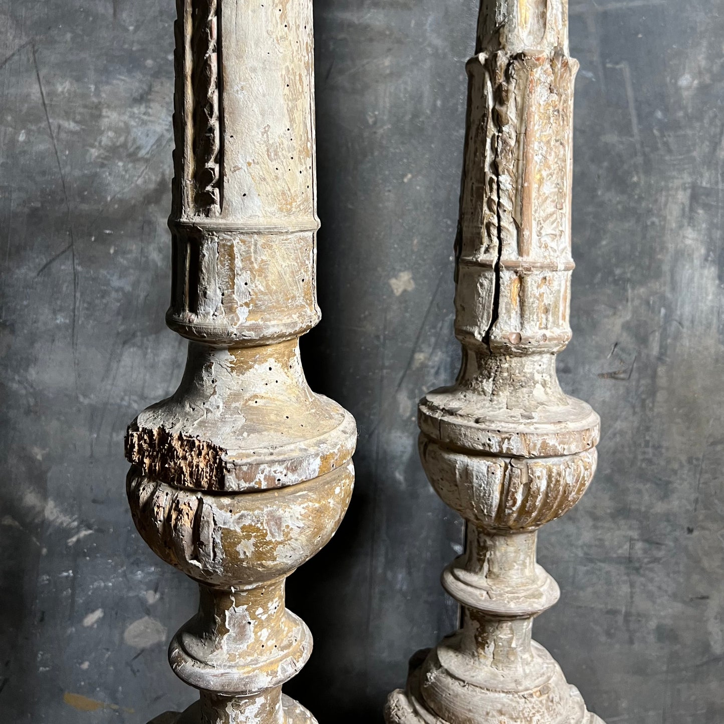 Pair of Tall Carved Painted Italian Altar Candlesticks Late 17th/Early 18th Century