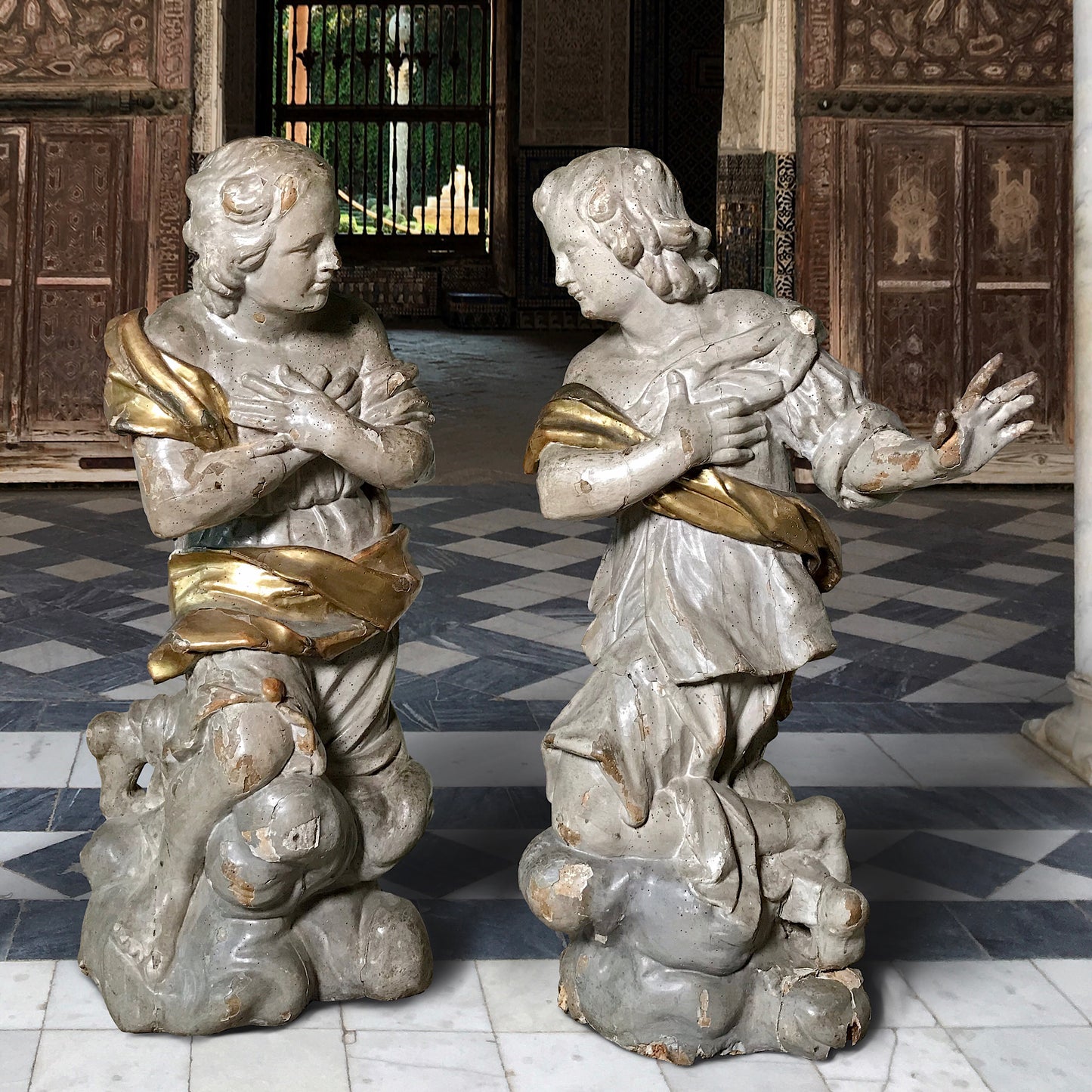 Pair of Exceptional Venetian Polychrome Angels Late 17th Century