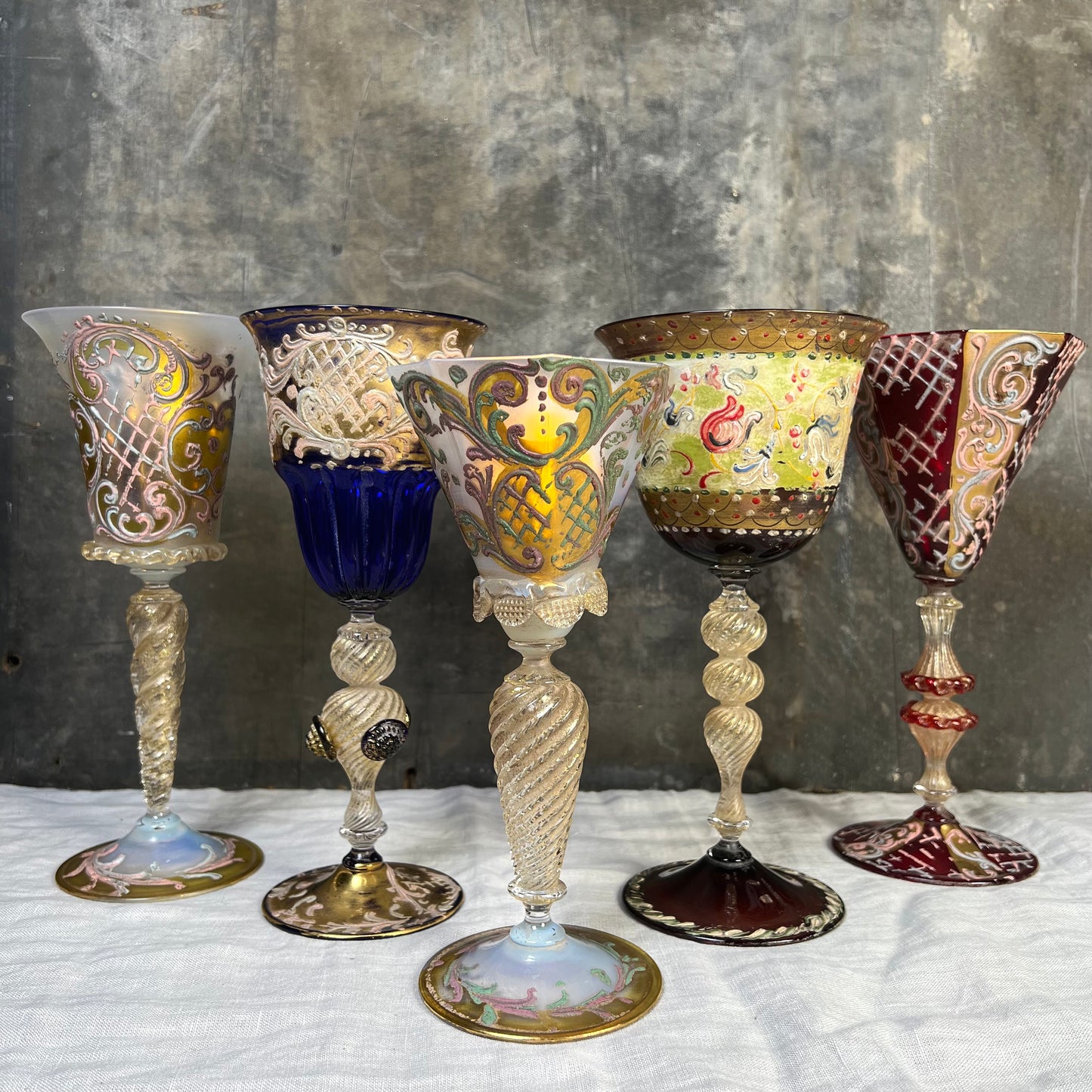 Stunning Collection of Five Venetian Murano Goblets