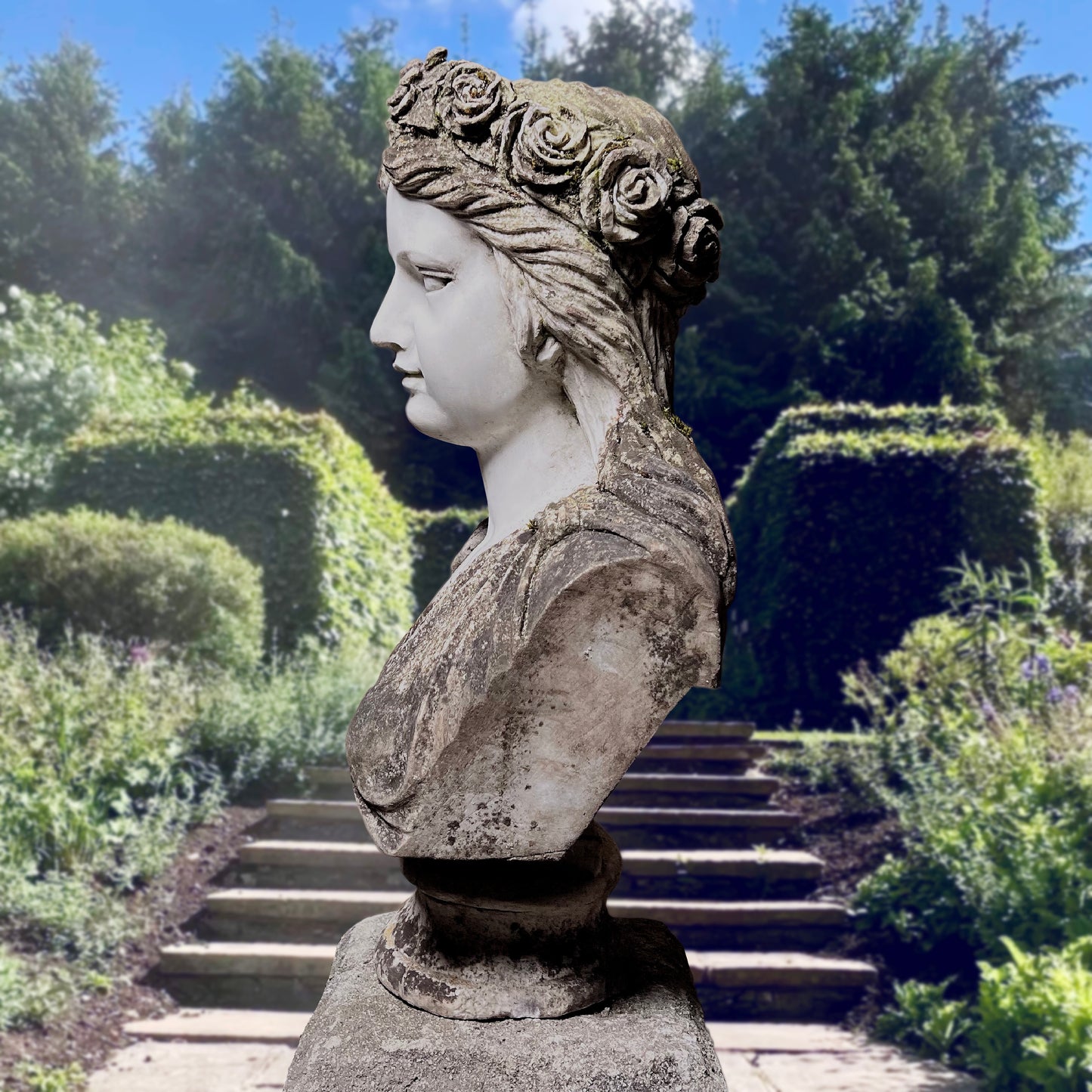 Carrara Marble Bust of Flora on Plinth Late 20th Century