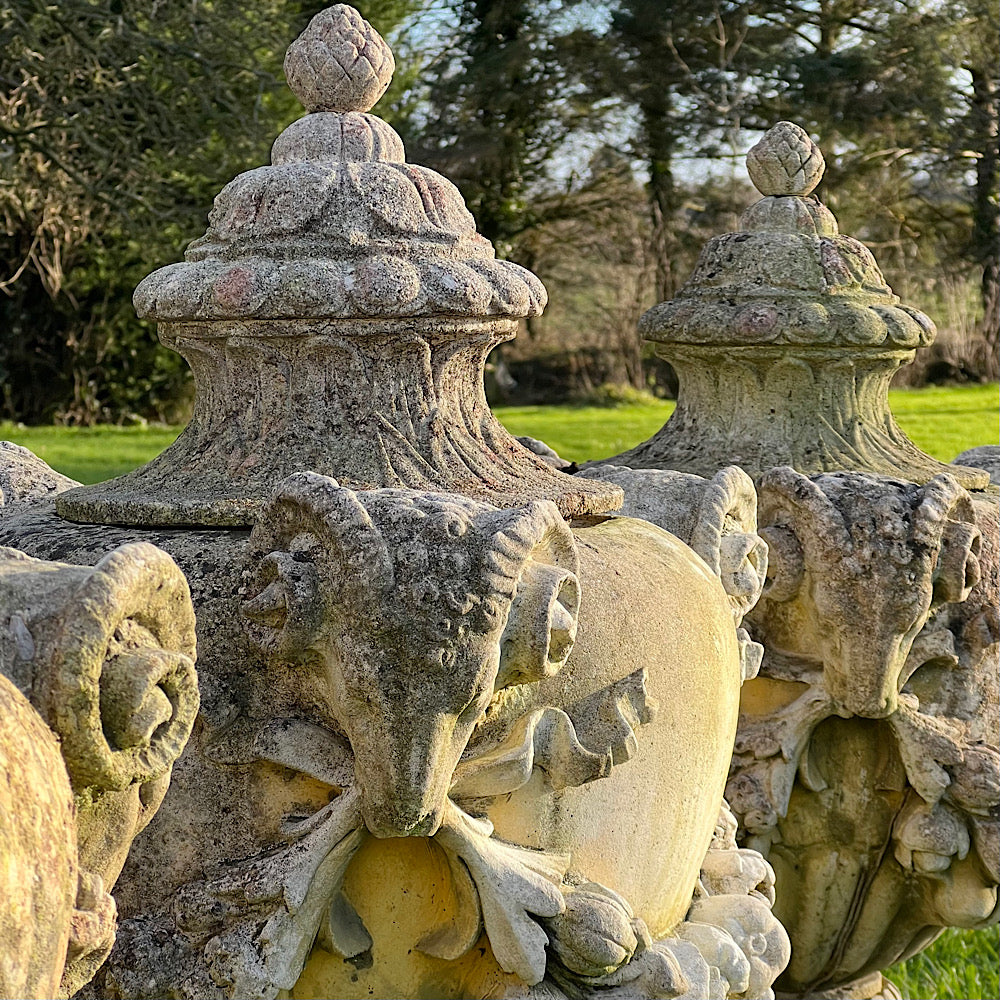 Set of Three Rams Head Urns with Swags