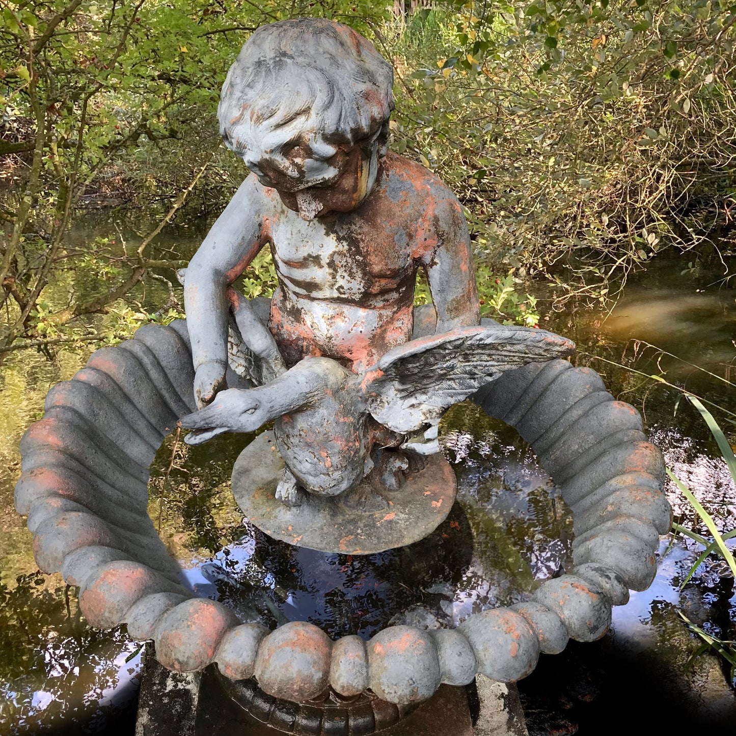 French Single Tier Cast Iron Cupid with Goose Fountain