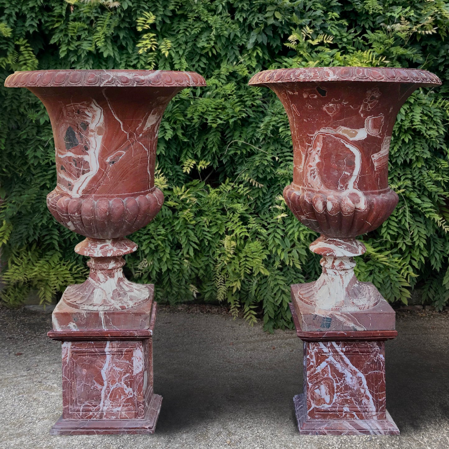 Monumental Italian Rosso Marble Campana Urns with Plinths