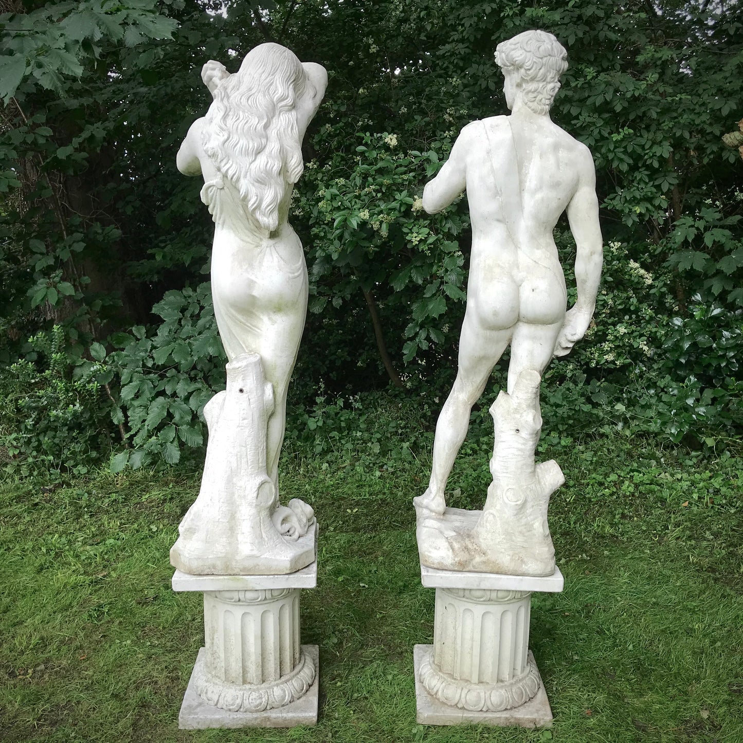 David and Shy Maiden Statue Pair on Columns