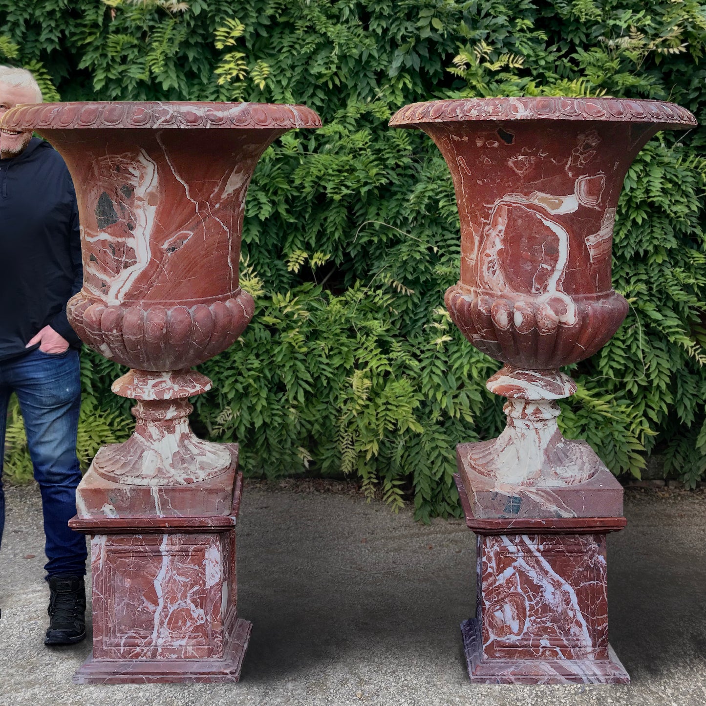 Monumental Italian Rosso Marble Campana Urns with Plinths