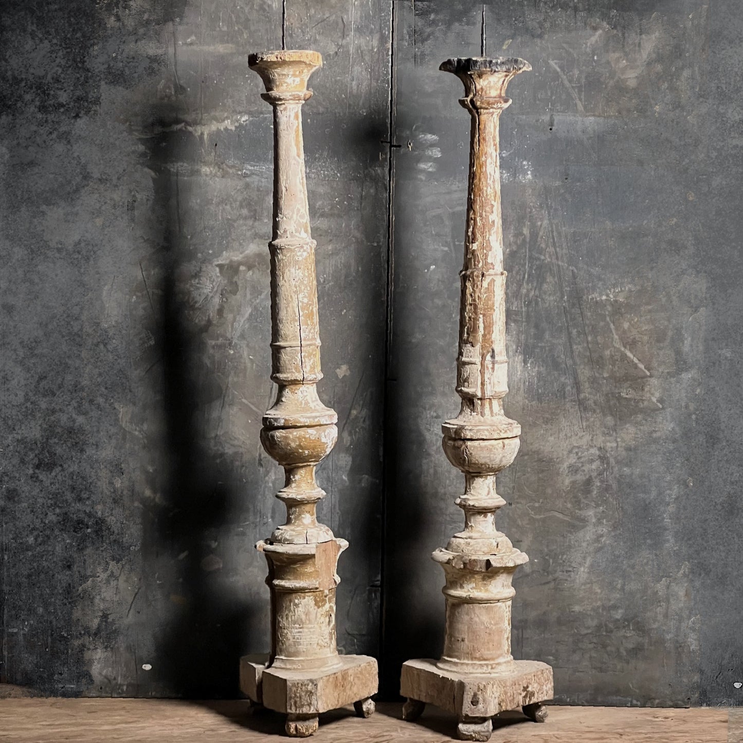 Pair of Tall Carved Painted Italian Altar Candlesticks Late 17th/Early 18th Century