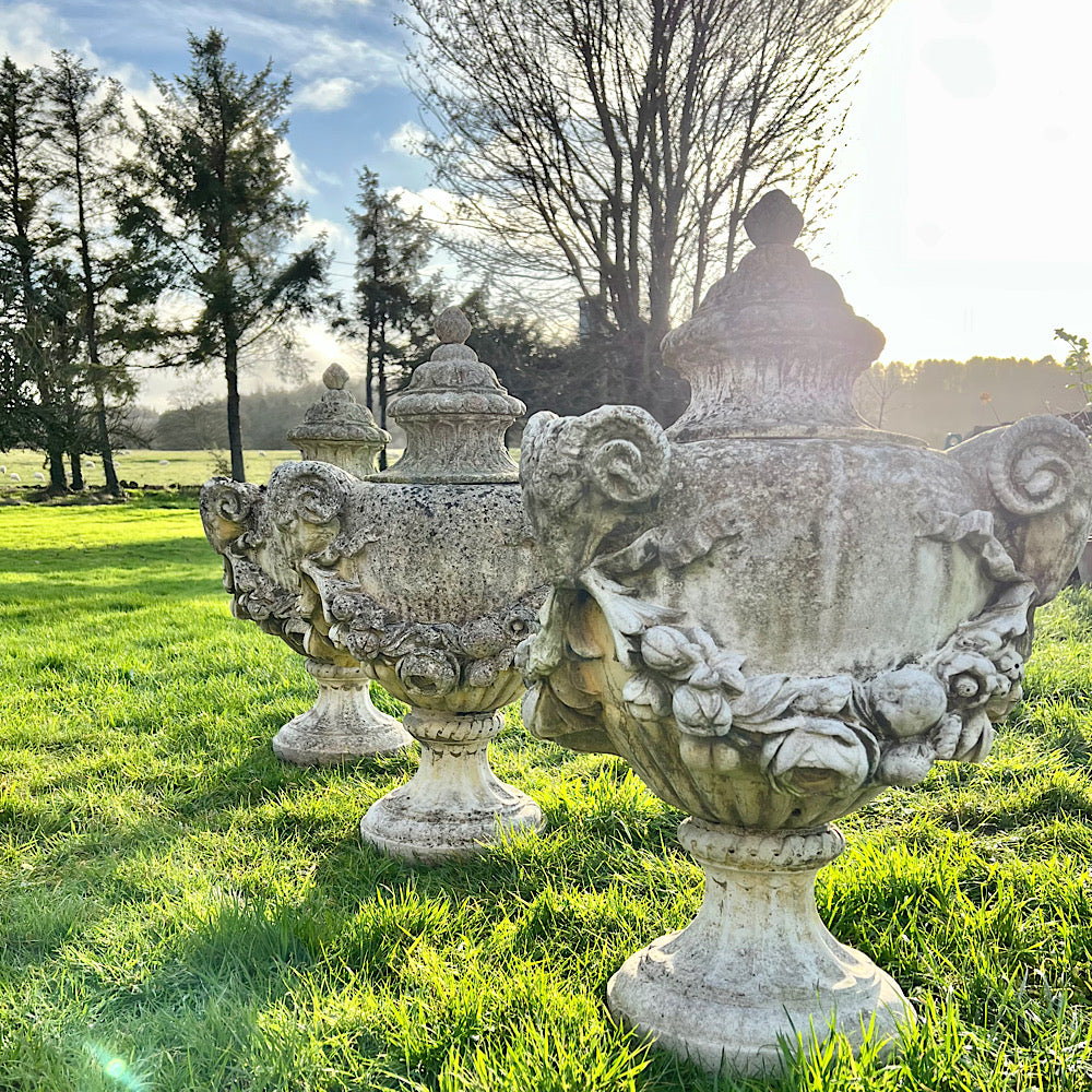 Set of Three Rams Head Urns with Swags