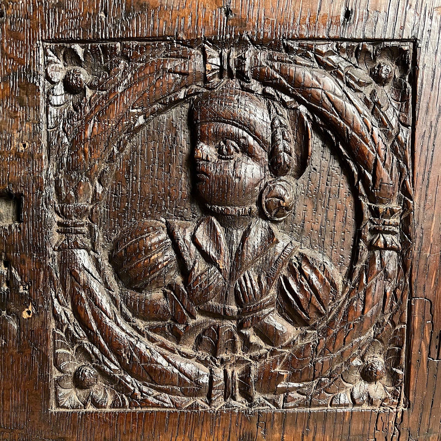 Carved Oak Slab Panel with Romayne Portrait c.1550